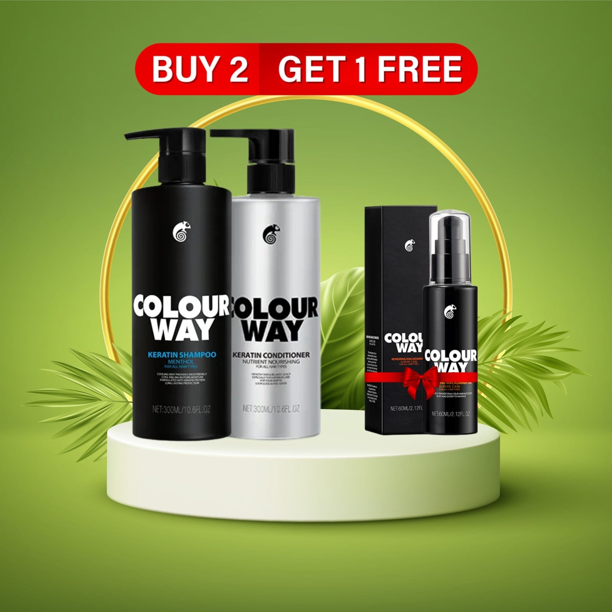 Colour Way Hair Treatment Keratin Menthol Shampoo 300ml + Nutrient Nourishing Conditioner For All Hair Types (Free) Renewing Macadamia Oil