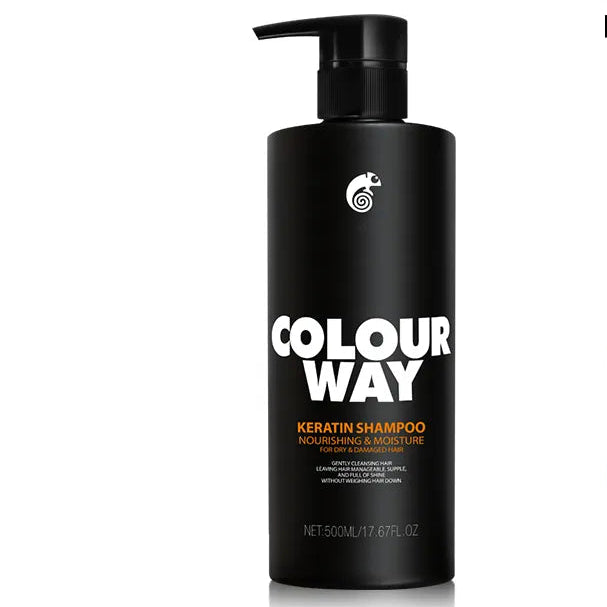 Black shampoo bottle with 'Colour Way' branding on a white background
